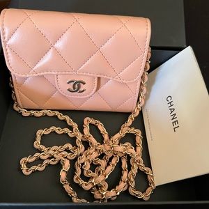Chanel Flap Card Holder on chain light pink